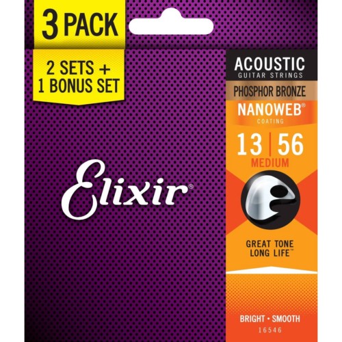 Elixir 16546 Phosphor Bronze Nanoweb Acoustic Medium 13-56 3 Pack Elixir 16546 Phosphor Bronze Nanoweb Acoustic Medium 13-56 3 Pack